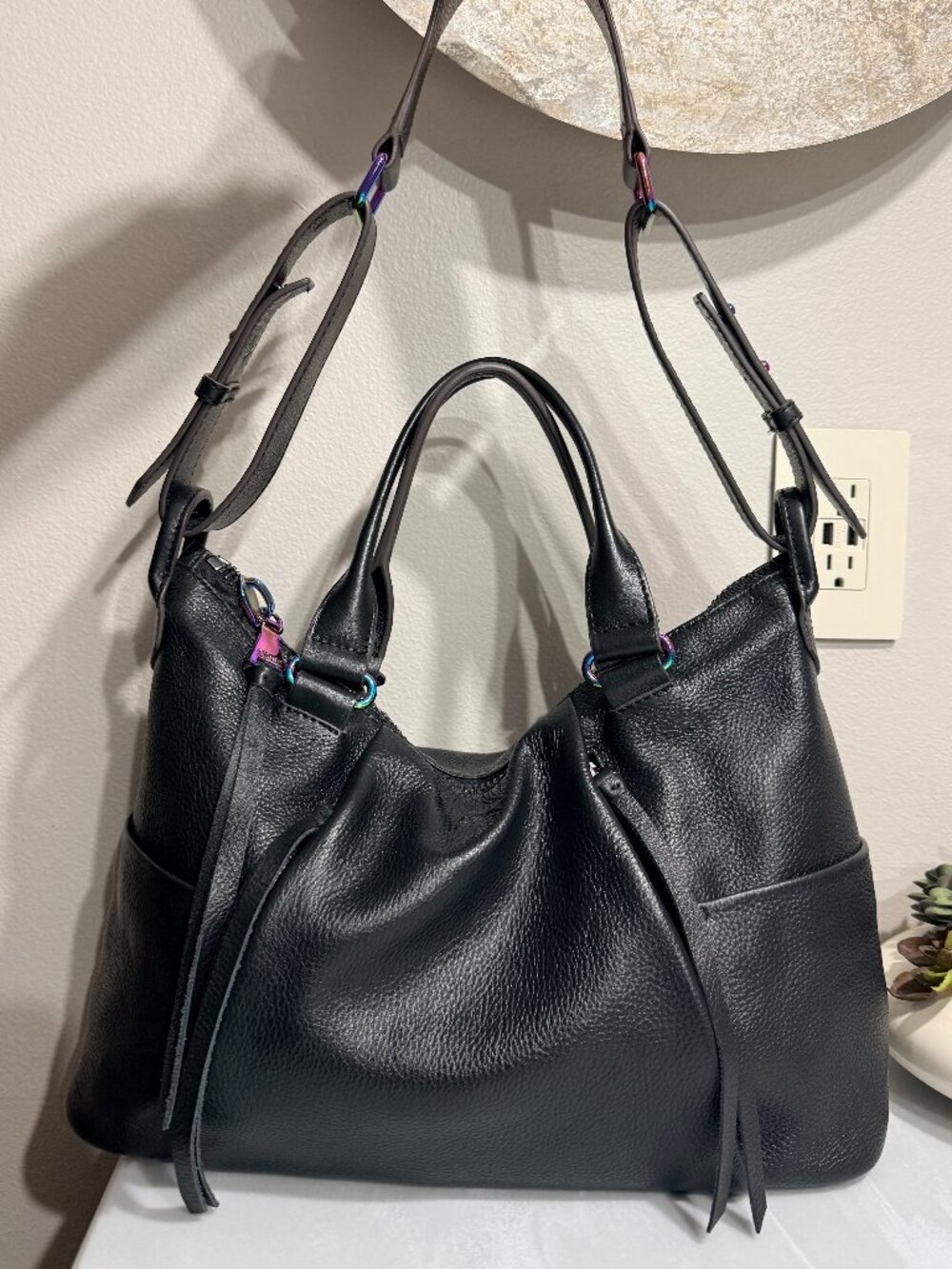 Convertible Slouchy Pebbled Black Leather Satchel Shoulder Bag Iridescent